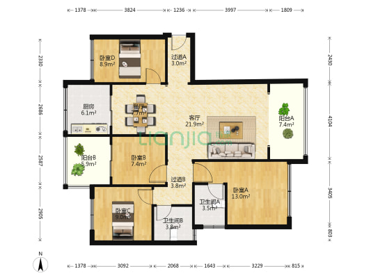 东湖帝景 4室2厅2卫 128平方