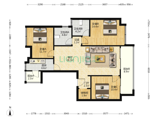 鑫苑城锦苑 3室1厅2卫 121平方