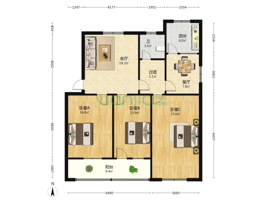 凭心街工商局家属院 3室2厅1卫 120平方