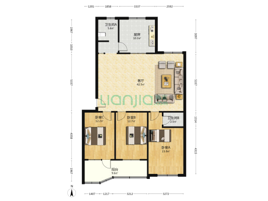 房管处生活小区 3室1厅2卫 133平方