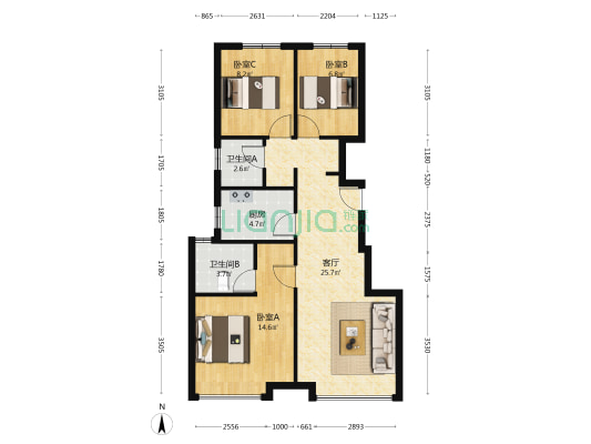 3居室 两卫 南北通透三居 中高层 满二 西边户-户型图