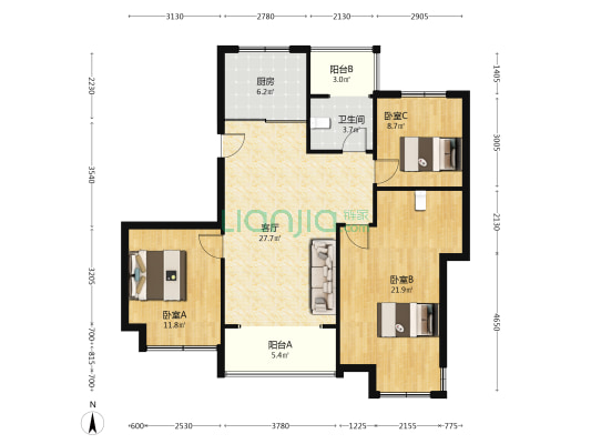 出售 凤麟府南北通透三居双卫 精装修-户型图