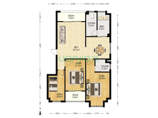 一品椰小区 3室1厅2卫 118平方