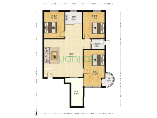 瑞云花园 3室1厅2卫 114平方