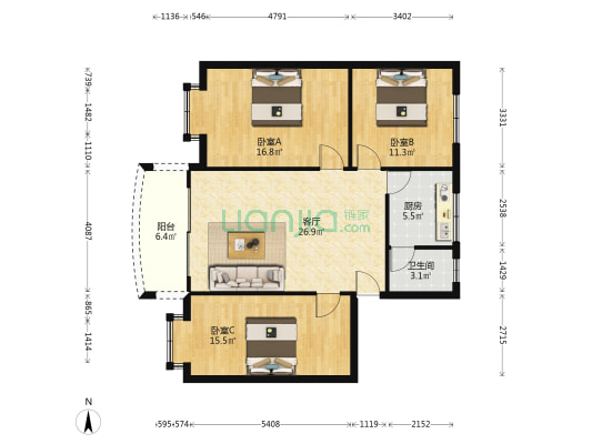 汇景花园 3室1厅1卫 98平方