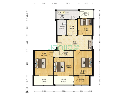 检察院宿舍 4室1厅1卫 107平方