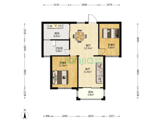 观山名筑北区 2室2厅1卫 91平方