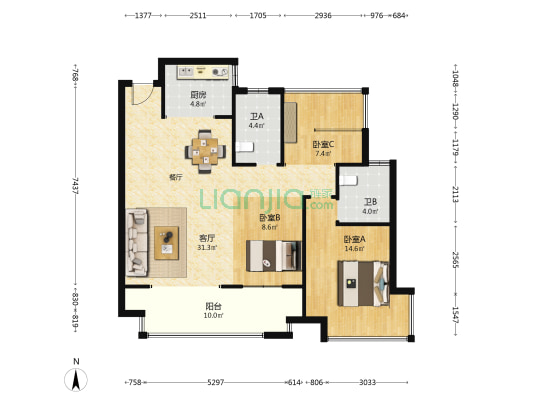 光明府A区 3室1厅2卫 116平方