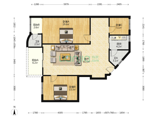 丰湖村 3室1厅2卫 124平方