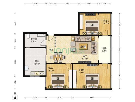 航天综合菜市主楼 3室1厅1卫 124平方