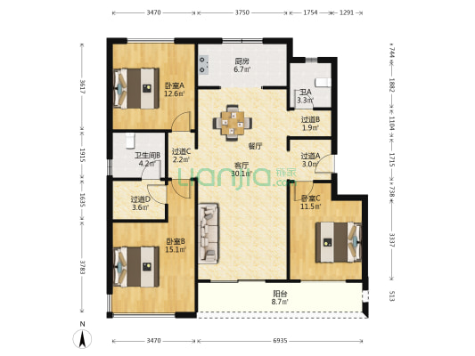 融创美盛博园 3室1厅2卫 140平方