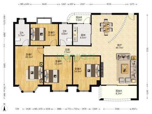 丽雅苑南区 4室1厅2卫 166平方