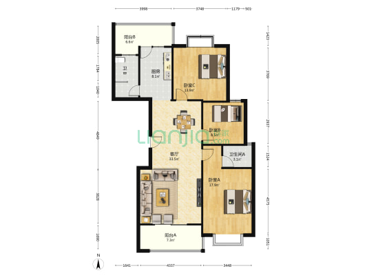 汉江花园 3室1厅2卫 129平方