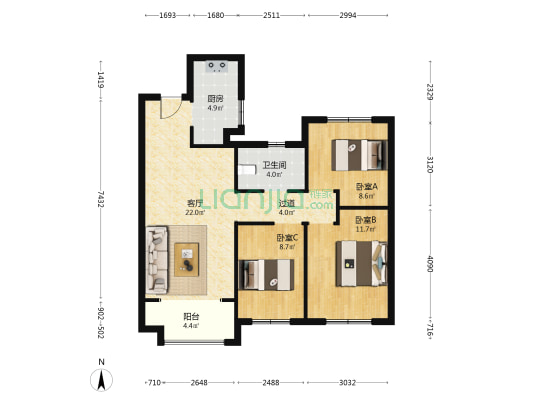 金地格林格林 3室1厅1卫 95平方