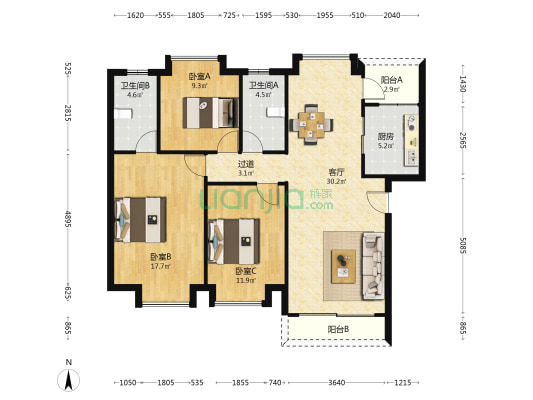 明月花园 3室1厅2卫 112平方