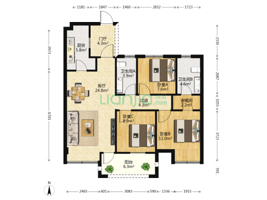 明园九龙湾 3室1厅2卫 104平方