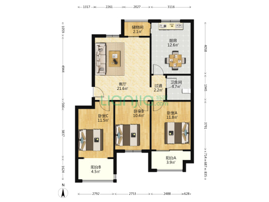 金色家园朗庭 3室1厅1卫 105平方