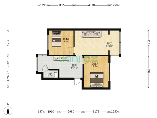五湖巷166号 2室1厅1卫 65平方