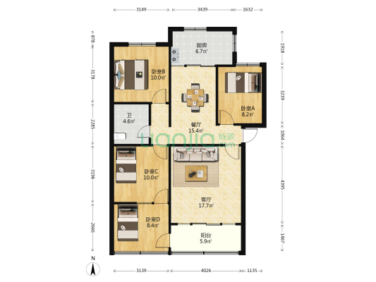 师范大学西院 4室2厅1卫 95平方