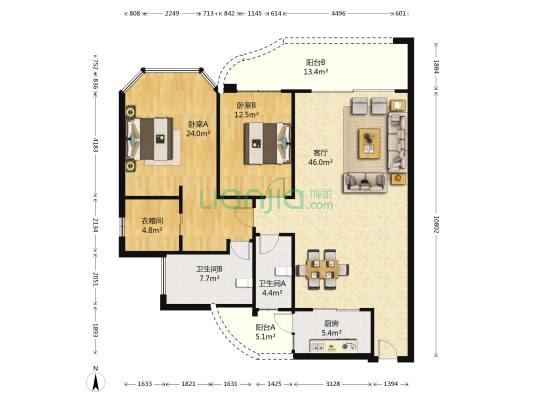 凯旋花园 2室1厅2卫 137平方