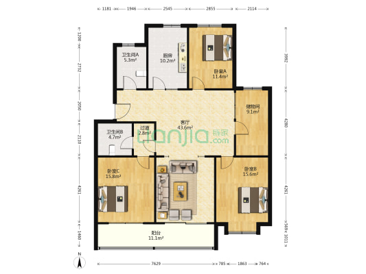 明珠花园 3室1厅2卫 151平方