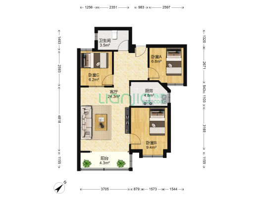 港湾花园 3室1厅1卫 72平方