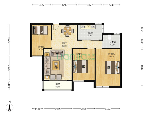 中交美庐城 3室1厅1卫 103平方