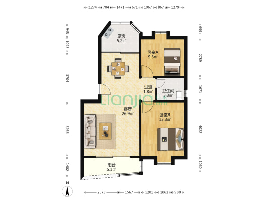 荷悦居 2室1厅1卫 76平方