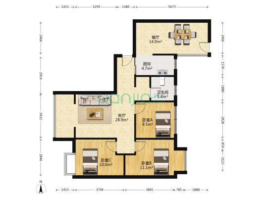 岭秀都江3期 3室2厅1卫 82平方