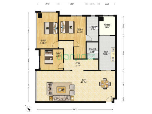 富麒家园 3室1厅2卫 153平方