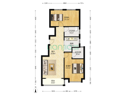 中海·锦城 2室1厅2卫 89平方