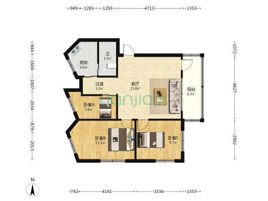 飞龙一区 3室1厅1卫 78平方