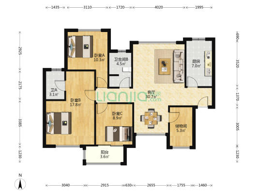 红星国际公馆 3室1厅2卫 115平方