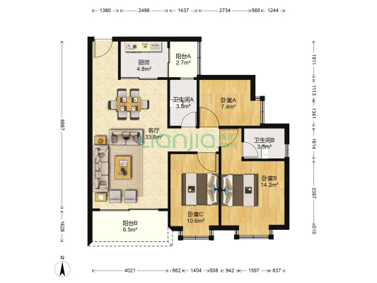 龙日花苑 3室1厅2卫 104平方