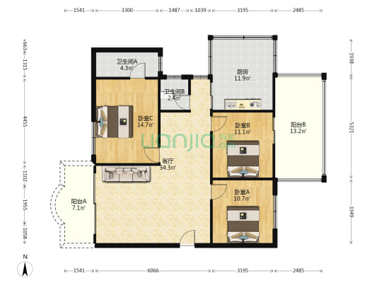 粤群大厦 3室1厅2卫 98平方