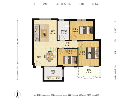 汇东南湖新村 3室1厅1卫 89平方