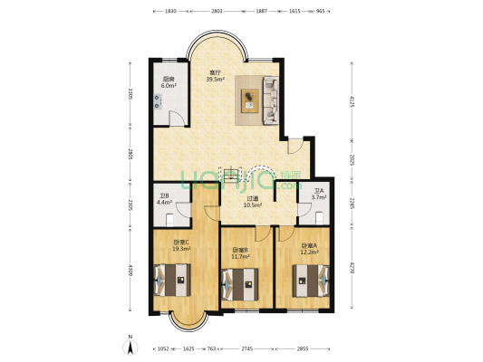 金色家园 3室1厅2卫 146平方