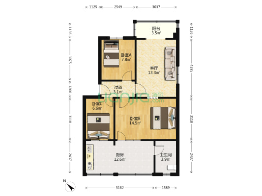 百花西路25号 3室1厅1卫 62平方