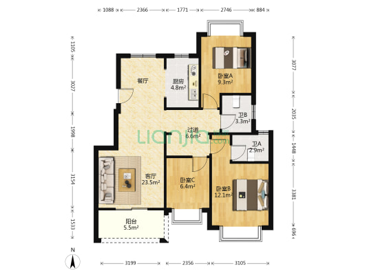 光谷桂花城 3室1厅2卫 96平方
