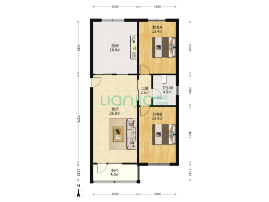 政法街 检察院南北通透大两居 低楼层-户型图