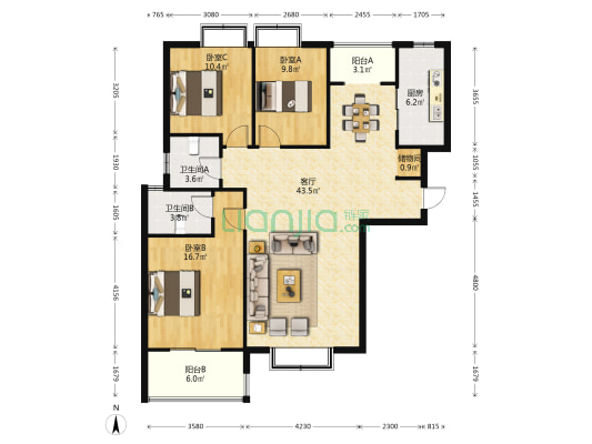 京华金域蓝湾 3室1厅2卫 137平方