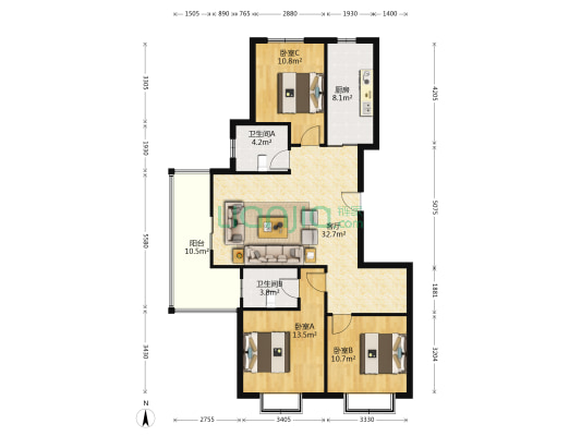 一梯两户，大三居，精装自住房。-户型图