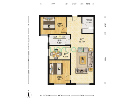 高铁新干线 2室2厅 南-户型图