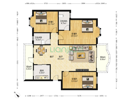 海景苑 3室1厅2卫 127平方