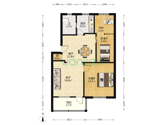 华艺 3室2厅1卫 80平方