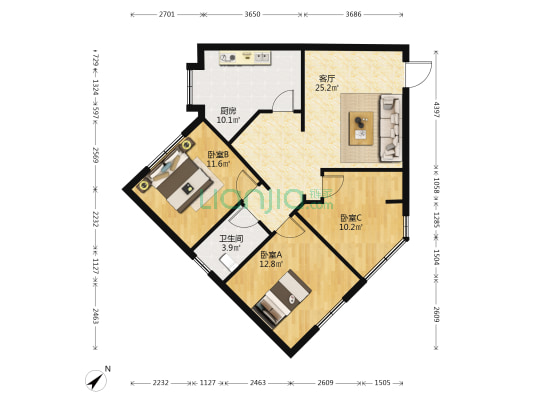 中新楼 3室1厅1卫 90平方