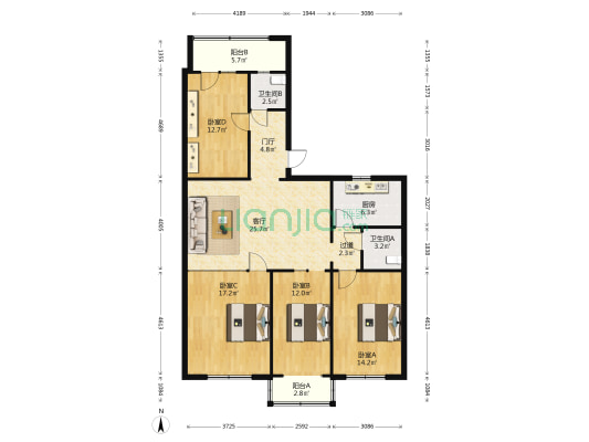 浦江大厦 4室1厅2卫 138平方