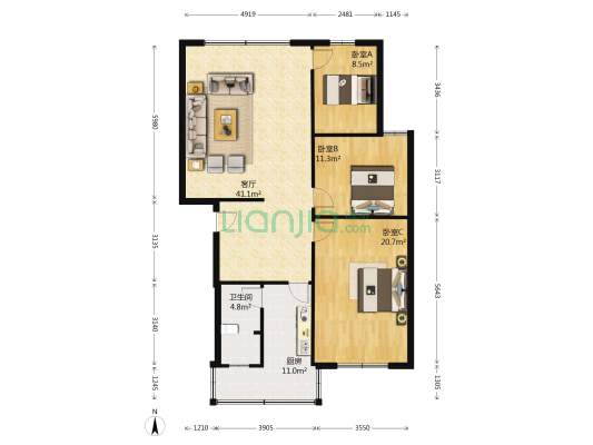 龙旺街 3室1厅1卫 120平方