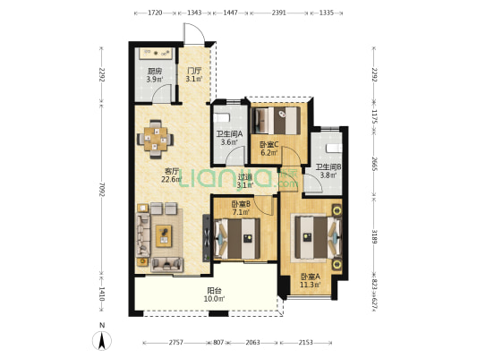 德宝海上邱园 3室1厅2卫 91平方