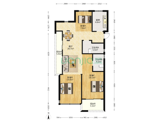 中交理想时代芳华 3室1厅2卫 117平方